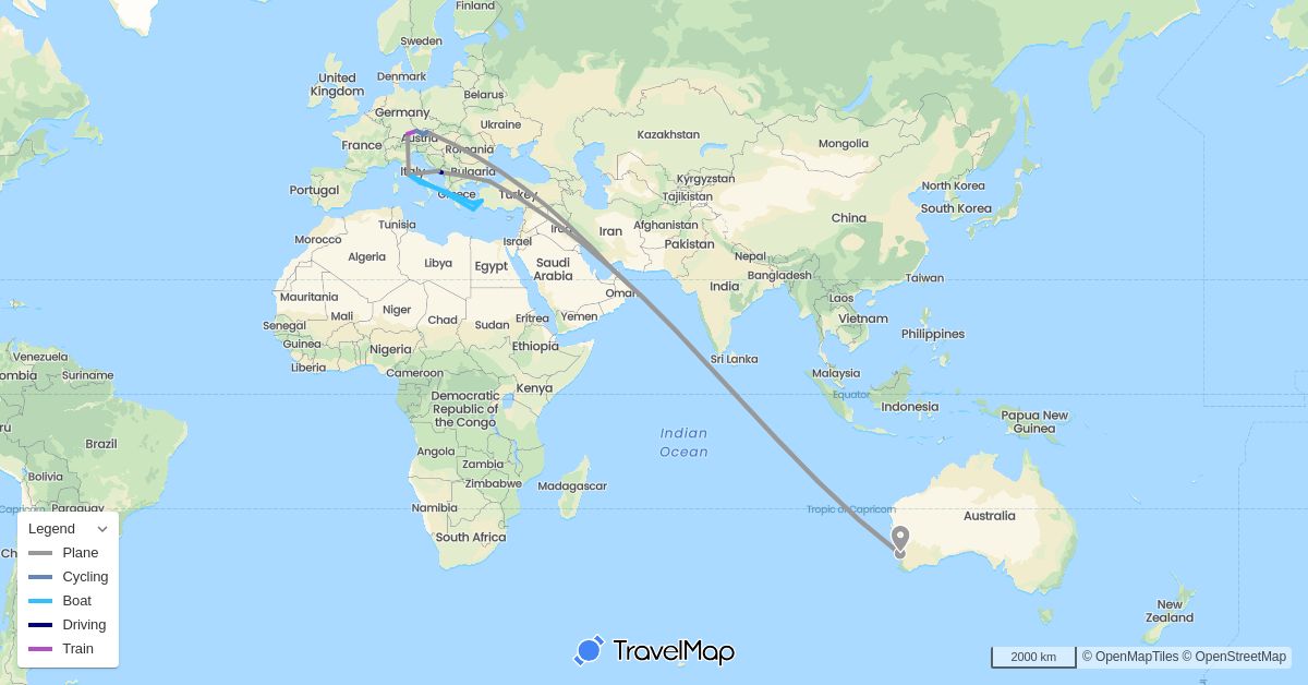 TravelMap itinerary: driving, plane, cycling, train, boat in United Arab Emirates, Austria, Australia, Germany, Greece, Croatia, Italy, Montenegro, Turkey (Asia, Europe, Oceania)